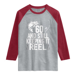 Personalized 60th Birthday Fishing Raglan Shirt Custom Number Bday Still Keeping It Reel TS12 Heather Gray Heather Red Print Your Wear