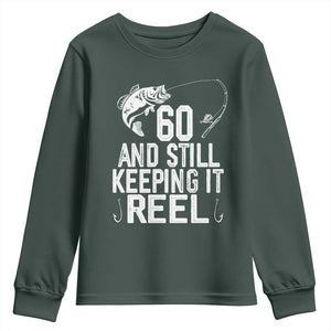 Personalized 60th Birthday Fishing Youth Sweatshirt Custom Number Bday Still Keeping It Reel TS12 Dark Forest Green Print Your Wear