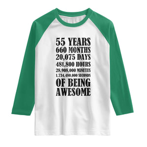 55th Milestone Birthday Raglan Shirt 55 Years Of Being Awesome Graphic TS12 White Kelly Green Print Your Wear