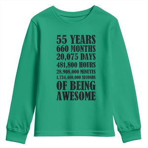 55th Milestone Birthday Youth Sweatshirt 55 Years Of Being Awesome Graphic TS12 Irish Green Print Your Wear