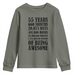 55th Milestone Birthday Youth Sweatshirt 55 Years Of Being Awesome Graphic TS12 Military Green Print Your Wear