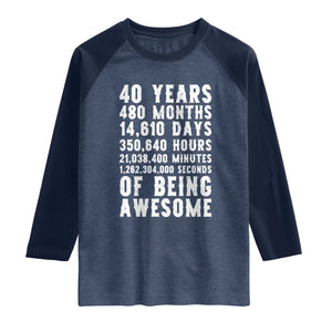 40 Years of Being Awesome Raglan Shirt Vintage 1986 Fortieth Birthday Graphic TS12 Heather Denim Navy Print Your Wear