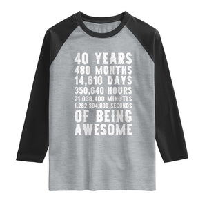 40 Years of Being Awesome Raglan Shirt Vintage 1986 Fortieth Birthday Graphic TS12 Heather Gray Black Print Your Wear