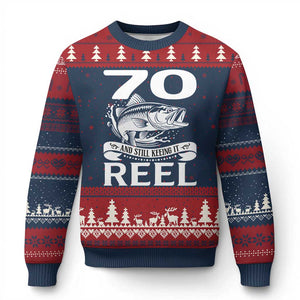 Still Keeping It Reel At 70 Ugly Christmas Sweater Fisherman Birthday Gift TS12 Navy Red Print Your Wear