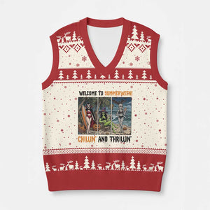 Welcome To Summerween Chillin And Thrillin V-Neck Knit Sweater Vest Funny Summer Halloween