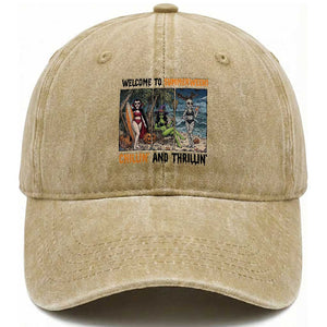 Welcome To Summerween Chillin And Thrillin Washed Cotton Baseball Cap Funny Summer Halloween