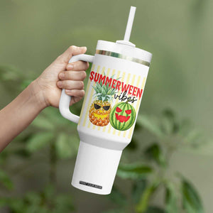 Funny Summerween Fruit Tumbler With Handle Spooky Pineapple Watermelon Graphic