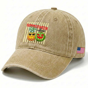 Funny Summerween Fruit Washed Cotton Baseball Cap Spooky Pineapple Watermelon Graphic