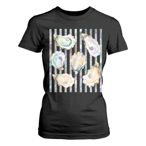 Striped Glitter Oyster Shell T Shirt For Women Coastal Summer Ocean Gift