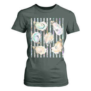 Striped Glitter Oyster Shell T Shirt For Women Coastal Summer Ocean Gift