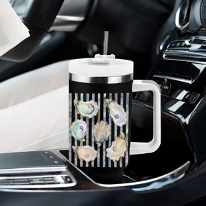 Striped Glitter Oyster Shell Tumbler With Handle Coastal Summer Ocean Gift