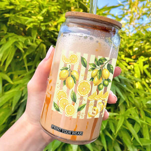Striped Summer Lemon Glass Can Citrus Fruit Lover Gift