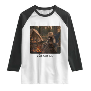 Funny Camping Raccoon Raglan Shirt I Live Here Now Outdoor Lover