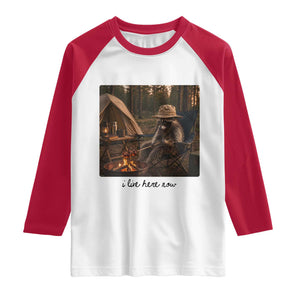 Funny Camping Raccoon Raglan Shirt I Live Here Now Outdoor Lover