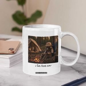 Funny Camping Raccoon Coffee Mug I Live Here Now Outdoor Lover