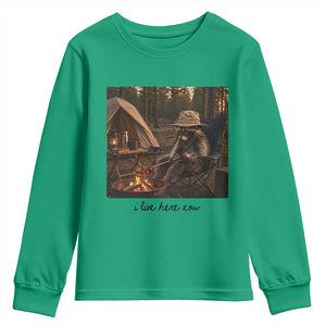 Funny Camping Raccoon Youth Sweatshirt I Live Here Now Outdoor Lover