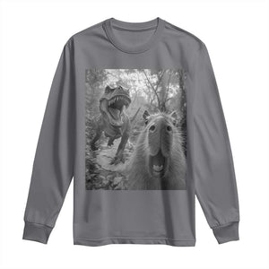 Funny Capybara Selfie With Dinosaur Meme Long Sleeve Shirt Animal Humor Gift TS12 Charcoal Print Your Wear