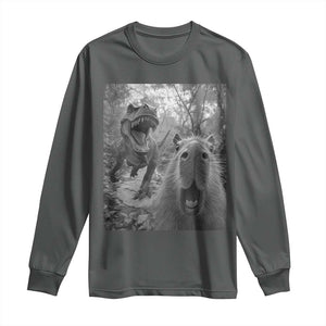 Funny Capybara Selfie With Dinosaur Meme Long Sleeve Shirt Animal Humor Gift TS12 Dark Heather Print Your Wear