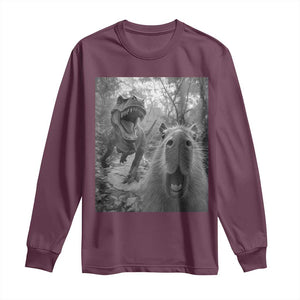 Funny Capybara Selfie With Dinosaur Meme Long Sleeve Shirt Animal Humor Gift TS12 Maroon Print Your Wear