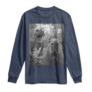 Funny Capybara Selfie With Dinosaur Meme Long Sleeve Shirt Animal Humor Gift TS12 Navy Print Your Wear