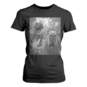 Funny Capybara Selfie With Dinosaur Meme T Shirt For Women Animal Humor Gift TS12 Black Print Your Wear