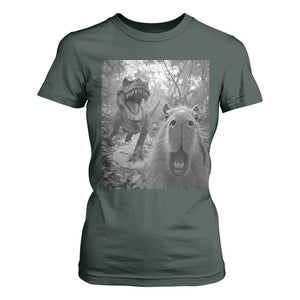 Funny Capybara Selfie With Dinosaur Meme T Shirt For Women Animal Humor Gift TS12 Dark Forest Green Print Your Wear