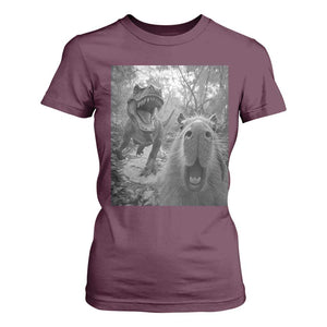 Funny Capybara Selfie With Dinosaur Meme T Shirt For Women Animal Humor Gift TS12 Maroon Print Your Wear