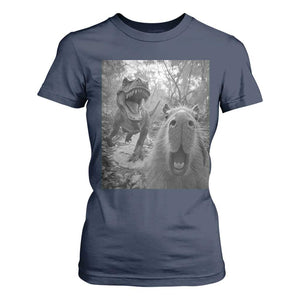 Funny Capybara Selfie With Dinosaur Meme T Shirt For Women Animal Humor Gift TS12 Navy Print Your Wear