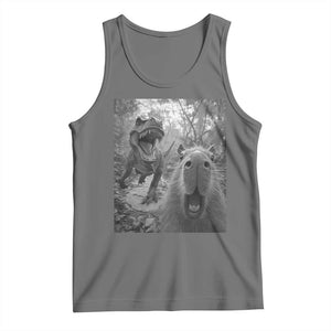 Funny Capybara Selfie With Dinosaur Meme Tank Top Animal Humor Gift TS12 Black Heather Print Your Wear