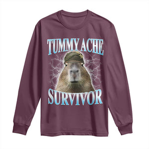 Tummy Ache Survivor Long Sleeve Shirt Funny Capybara Meme For Animal Lover TS12 Maroon Print Your Wear