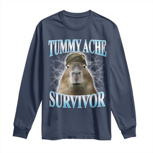 Tummy Ache Survivor Long Sleeve Shirt Funny Capybara Meme For Animal Lover TS12 Navy Print Your Wear