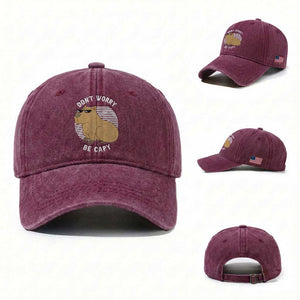 Funny Capybara Washed Cotton Baseball Cap Do Not Worry Be Capy Chill Animal Lover Gift TS12 Washed Cap Universal Fit Burgundy Print Your Wear