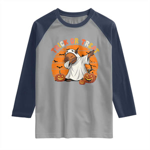 Funny Capybara Halloween Raglan Shirt Trick Or Treat Cute Cappy Boo Ghost TS12 Sport Gray Navy Print Your Wear