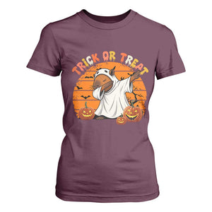 Funny Capybara Halloween T Shirt For Women Trick Or Treat Cute Cappy Boo Ghost TS12 Maroon Print Your Wear