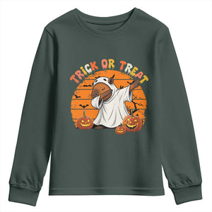 Funny Capybara Halloween Youth Sweatshirt Trick Or Treat Cute Cappy Boo Ghost TS12 Dark Forest Green Print Your Wear