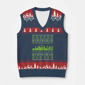 Seattle Skyline Game Day V-Neck Knit Sweater Vest Ugly Christmas Football Fan Gift TS12 Navy Red Print Your Wear