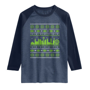 Seattle Skyline Game Day Raglan Shirt Ugly Christmas Football Fan Gift TS12 Heather Denim Navy Print Your Wear