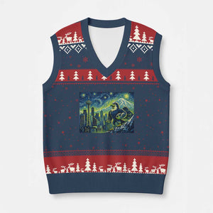 Starry Night Seattle Skyline Eagle V-Neck Knit Sweater Vest Vintage Football Fan Pacific Northwest Pride