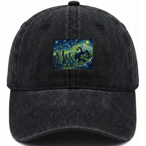 Starry Night Seattle Skyline Eagle Washed Cotton Baseball Cap Vintage Football Fan Pacific Northwest Pride