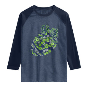 Floral Football With Bow Green And Blue Raglan Shirt Game Day Sports Fan TS12 Heather Denim Navy Print Your Wear