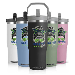 Seattle Girl Football Flip Straw Tumbler Messy Bun Game Day Sports Fan
