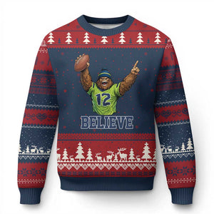 Funny Bigfoot Seattle Sports Fan Ugly Christmas Sweater Pacific Northwest Football Graphic