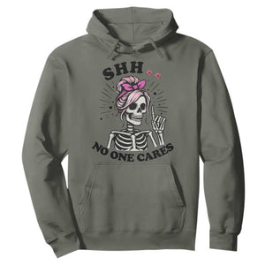 Funny Skeleton Sarcastic Hoodie Shhh No One Cares TS12 Military Green Print Your Wear