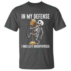 Funny Skeleton Beer T Shirt In My Defence I Was Left Unsupervised TS12 Dark Heather Print Your Wear