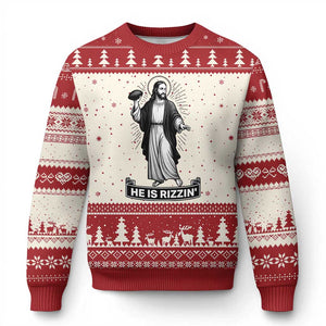 Christian Football Lover Ugly Christmas Sweater He Is Rizzin Funny Gift TS12 Beige Red Print Your Wear