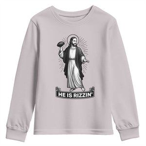Christian Football Lover Youth Sweatshirt He Is Rizzin Funny Gift TS12 Ice Gray Print Your Wear