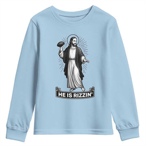 Christian Football Lover Youth Sweatshirt He Is Rizzin Funny Gift TS12 Light Blue Print Your Wear