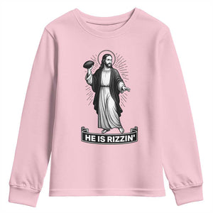 Christian Football Lover Youth Sweatshirt He Is Rizzin Funny Gift TS12 Light Pink Print Your Wear