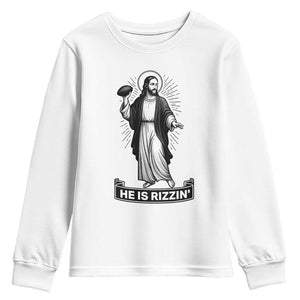 Christian Football Lover Youth Sweatshirt He Is Rizzin Funny Gift TS12 White Print Your Wear
