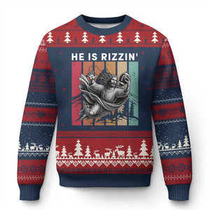 He Is Rizzin Ugly Christmas Sweater Funny Christian Football Lover Gift TS12 Navy Red Print Your Wear